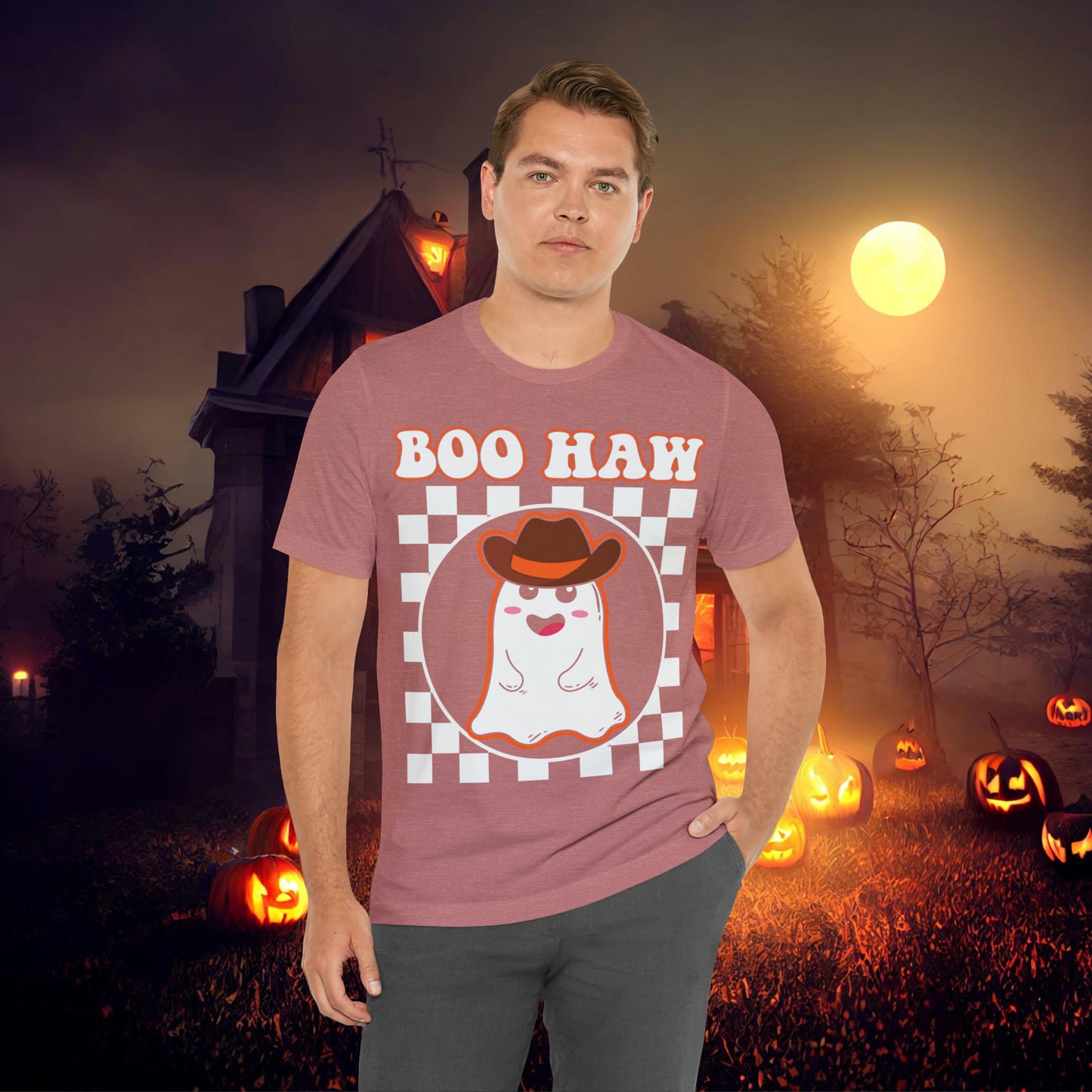 Cute Cowboy Ghost Saying Boo Haw Retro Groovy Western Halloween Unisex Jersey Short Sleeve Tee Gifts for Him Gifts For Her