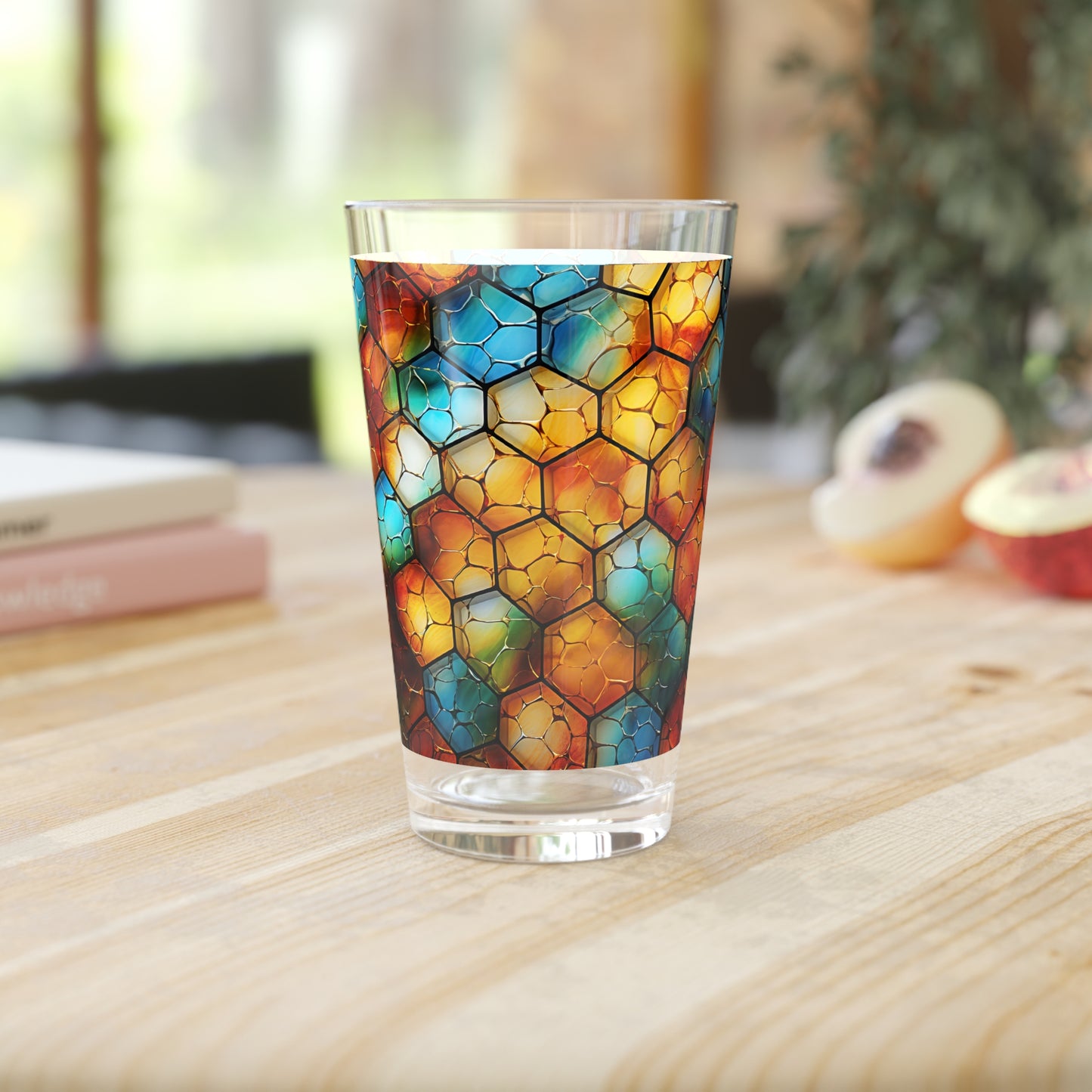 Buzzing Beauty: A Blue and Yellow Honeycomb Stained Glass Artwork on a 16oz Pint Glass Gift idea gifts for home decor housewarming gift