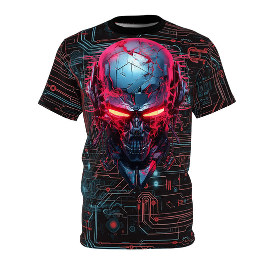 CyberPunk Cybernetic Skull breaking through a Red and Blue Neon Circuit Board Unisex Cut & Sew Tee (AOP)