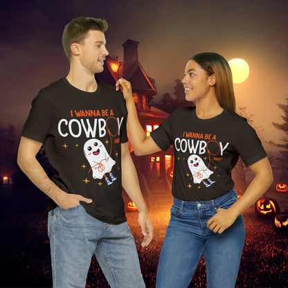 Little Ghost Saying I wanna be a cowboy baby Retro Groovy Western Halloween Unisex Jersey Short Sleeve Tee Gifts for Him Gifts for her.