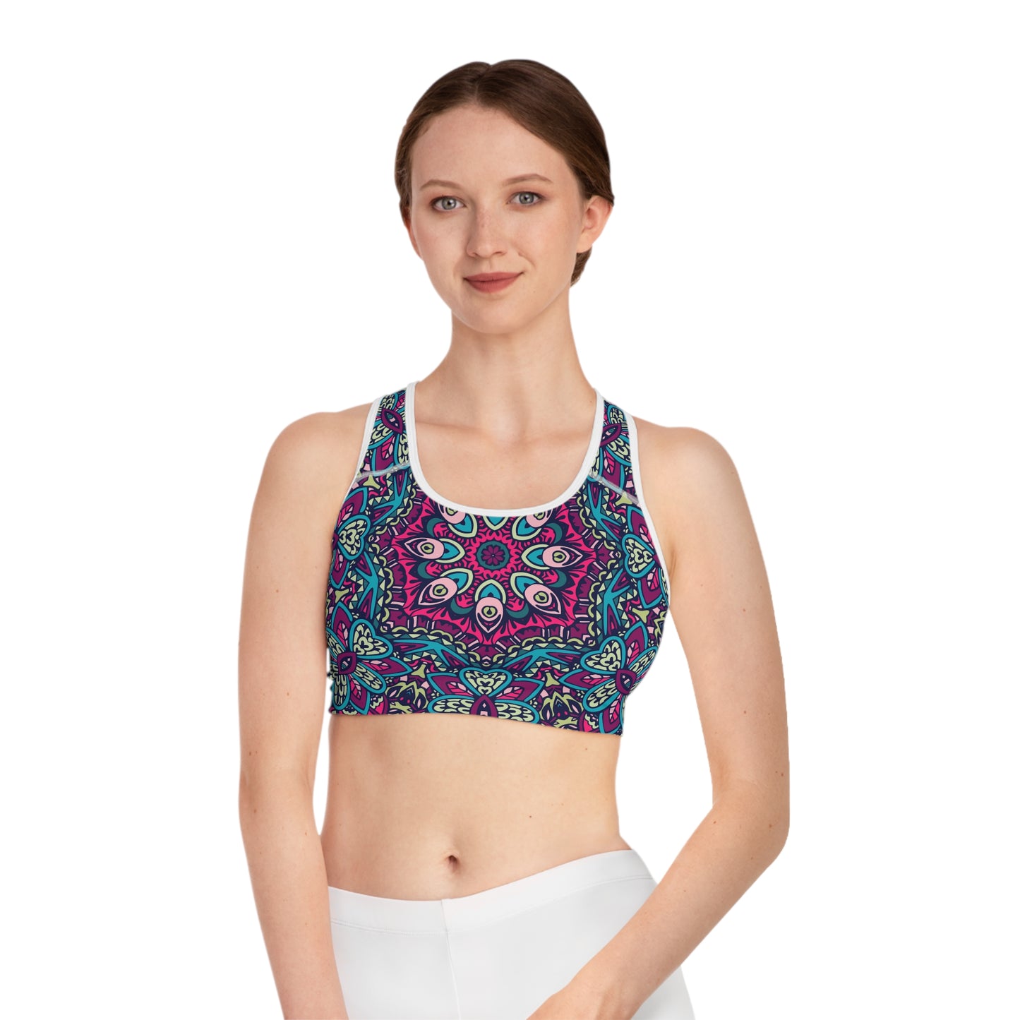 Purple Boho Vibes Sports Bra - AOP Design for Comfort and Style