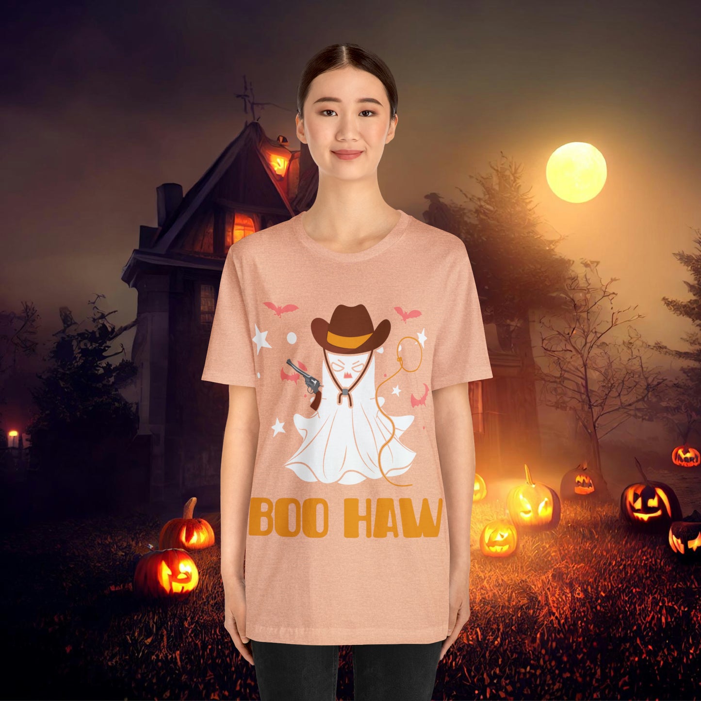 Ghost Cowboy Gunslinger saying Boo Haw Retro Western Halloween Unisex Jersey Short Sleeve Tee Gifts for Her Gifts for Him