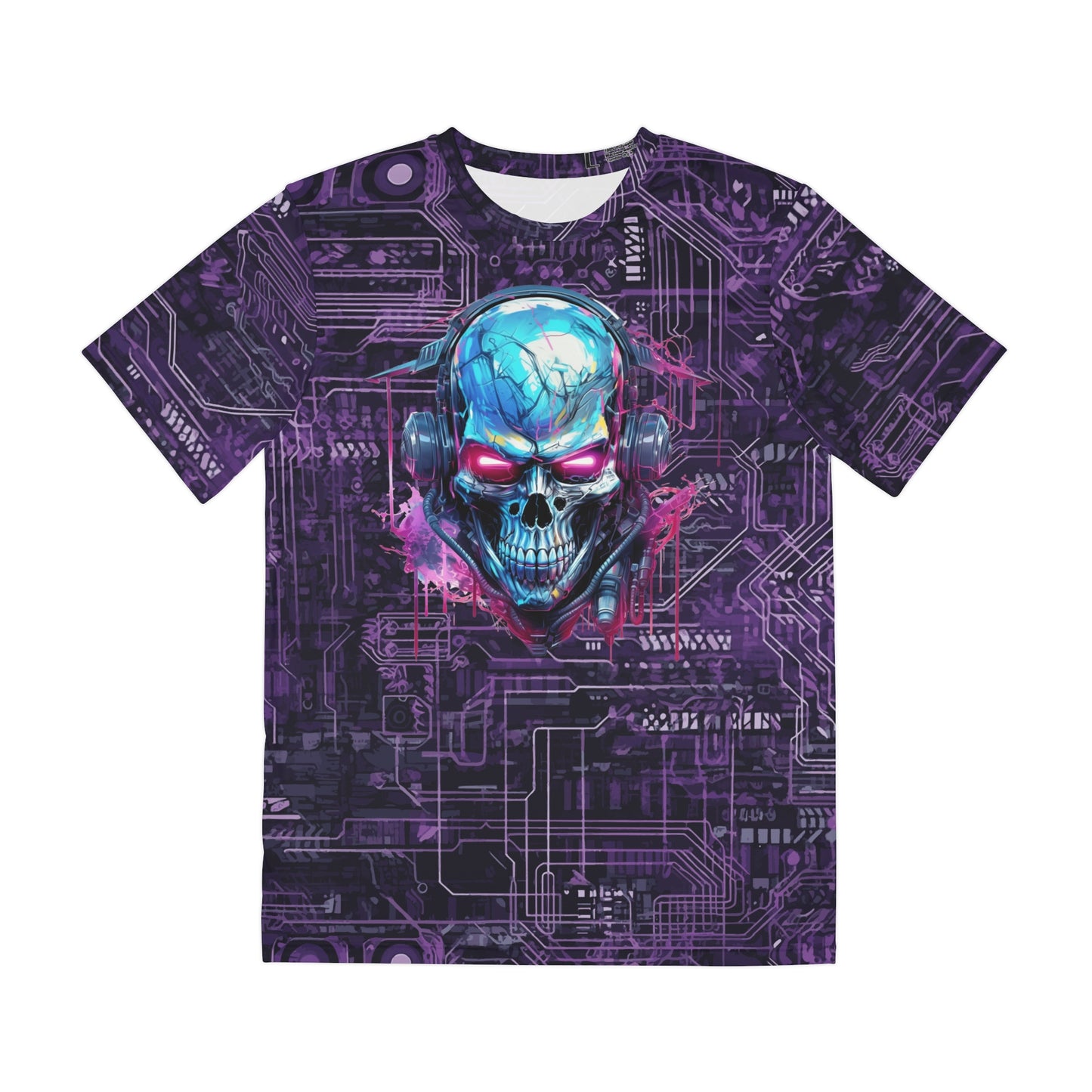 CyberPunk Cybernetic Skull breaking through a Purple Neon Circuit Board Men's Polyester Tee (AOP)