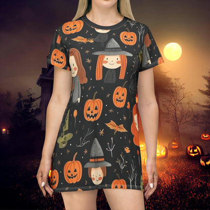 Halloween Trick or Treat Ghosts Witch Hats Jack o Lanterns T-Shirt Dress (AOP)