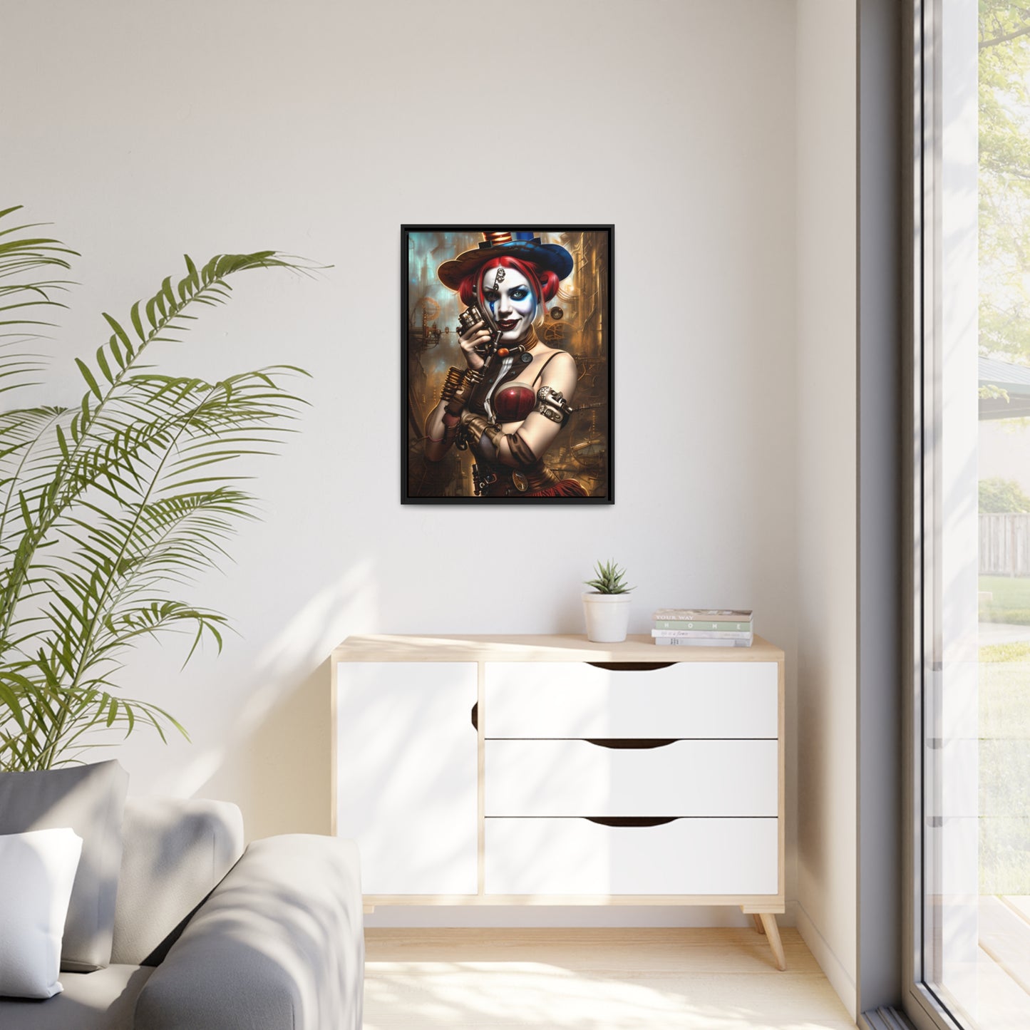 Hyper Realistic Steampunk Harley Quinn Matte Canvas, Black Frame