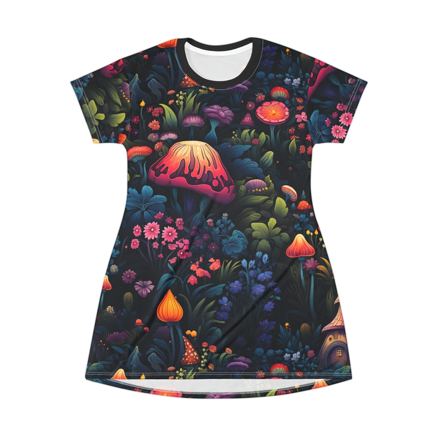 Fairy Tale Magical Forest With Colorful Mushrooms T-Shirt Dress (AOP)
