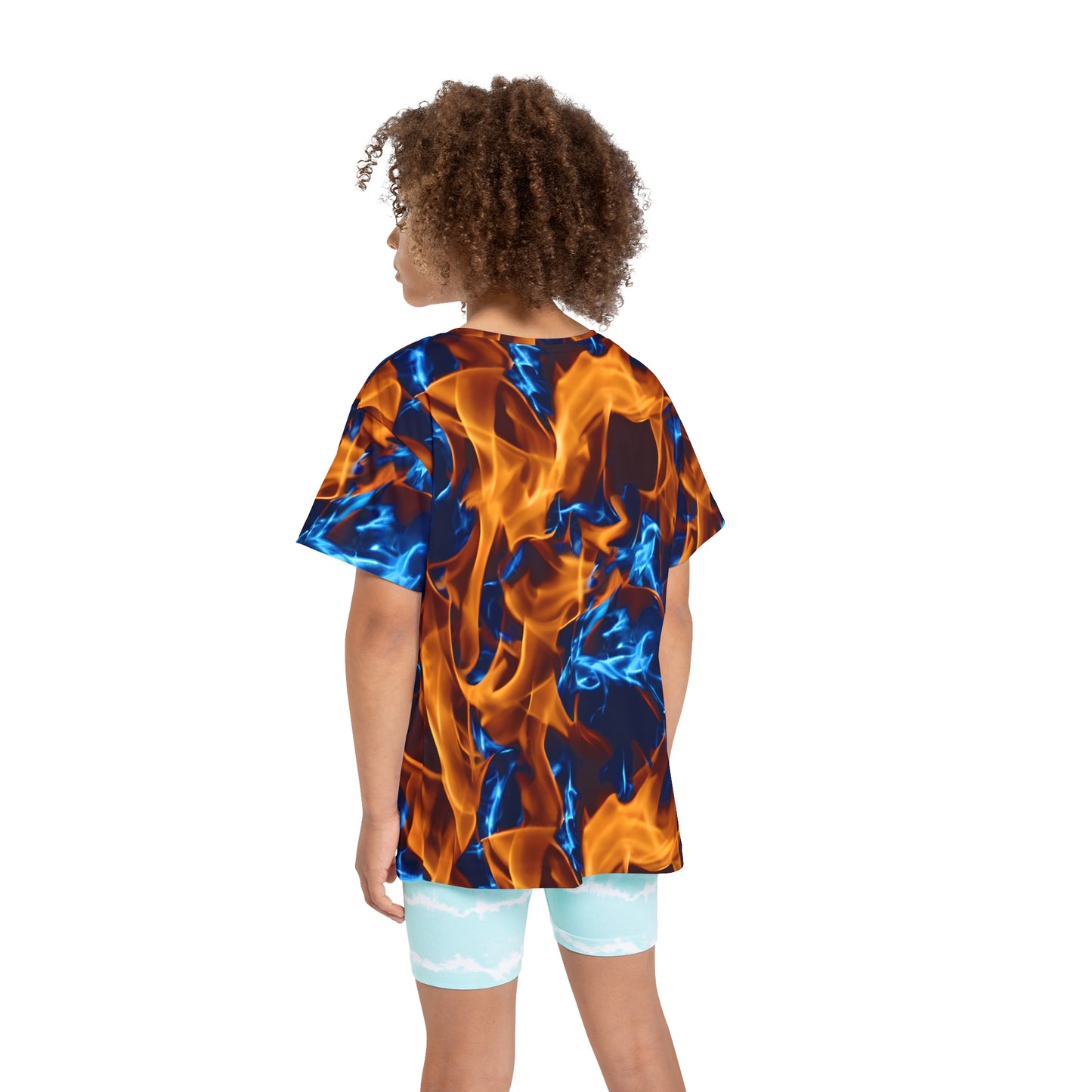 Blaze a Trail: All Over Print Kid Sport Jersey with Blue and Orange Flames