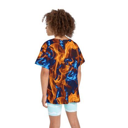 Blaze a Trail: All Over Print Kid Sport Jersey with Blue and Orange Flames