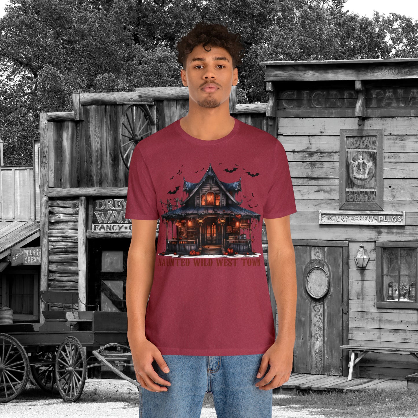 Haunted Wild West Town Halloween Western Unisex Jersey Short Sleeve Tee Gifts for Him Gifts For Her