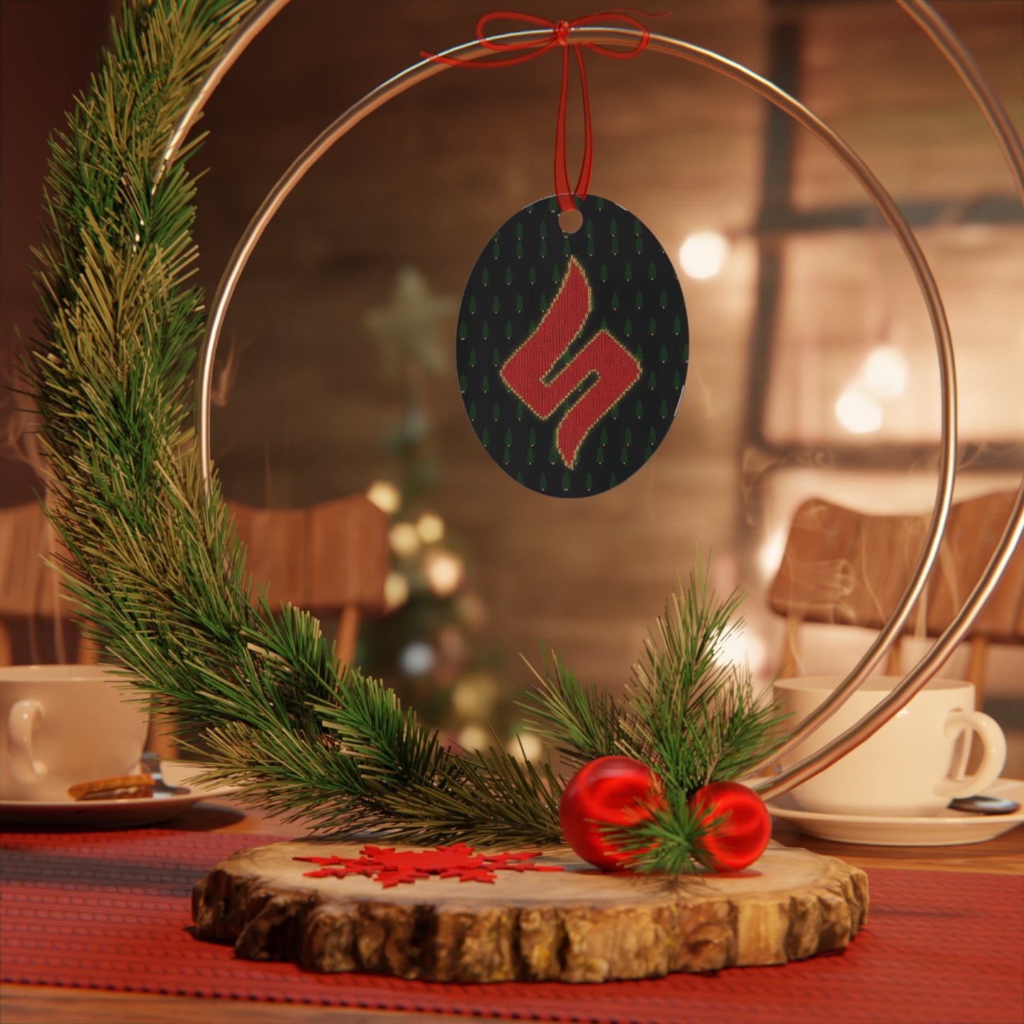 Sessmas Bell of Truth Approved by Shuli, Denied by Hack Comics Metal Ornament — Festive Shadow Figure & Red Emblem Holiday Bell Ornament