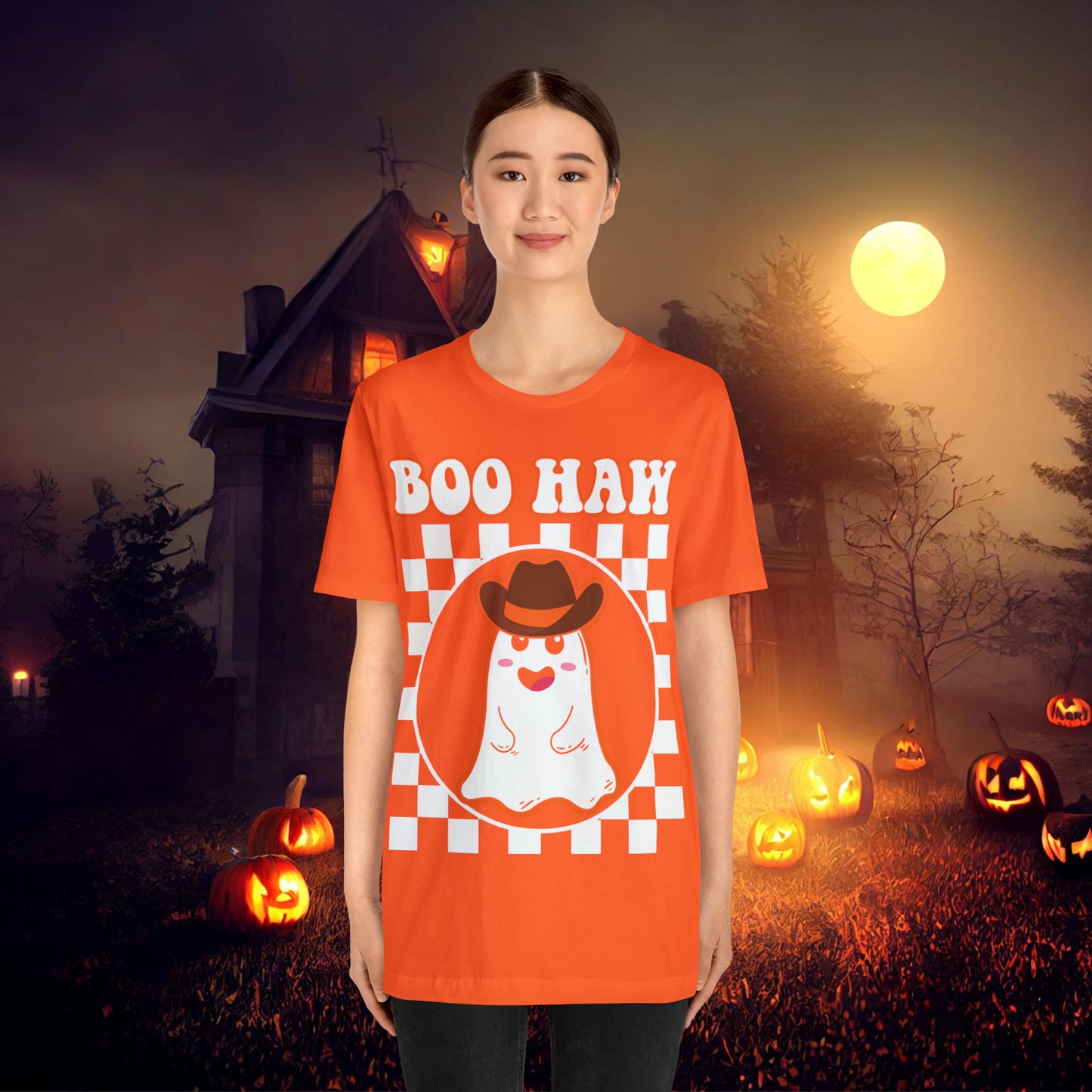 Cute Cowboy Ghost Saying Boo Haw Retro Groovy Western Halloween Unisex Jersey Short Sleeve Tee Gifts for Him Gifts For Her