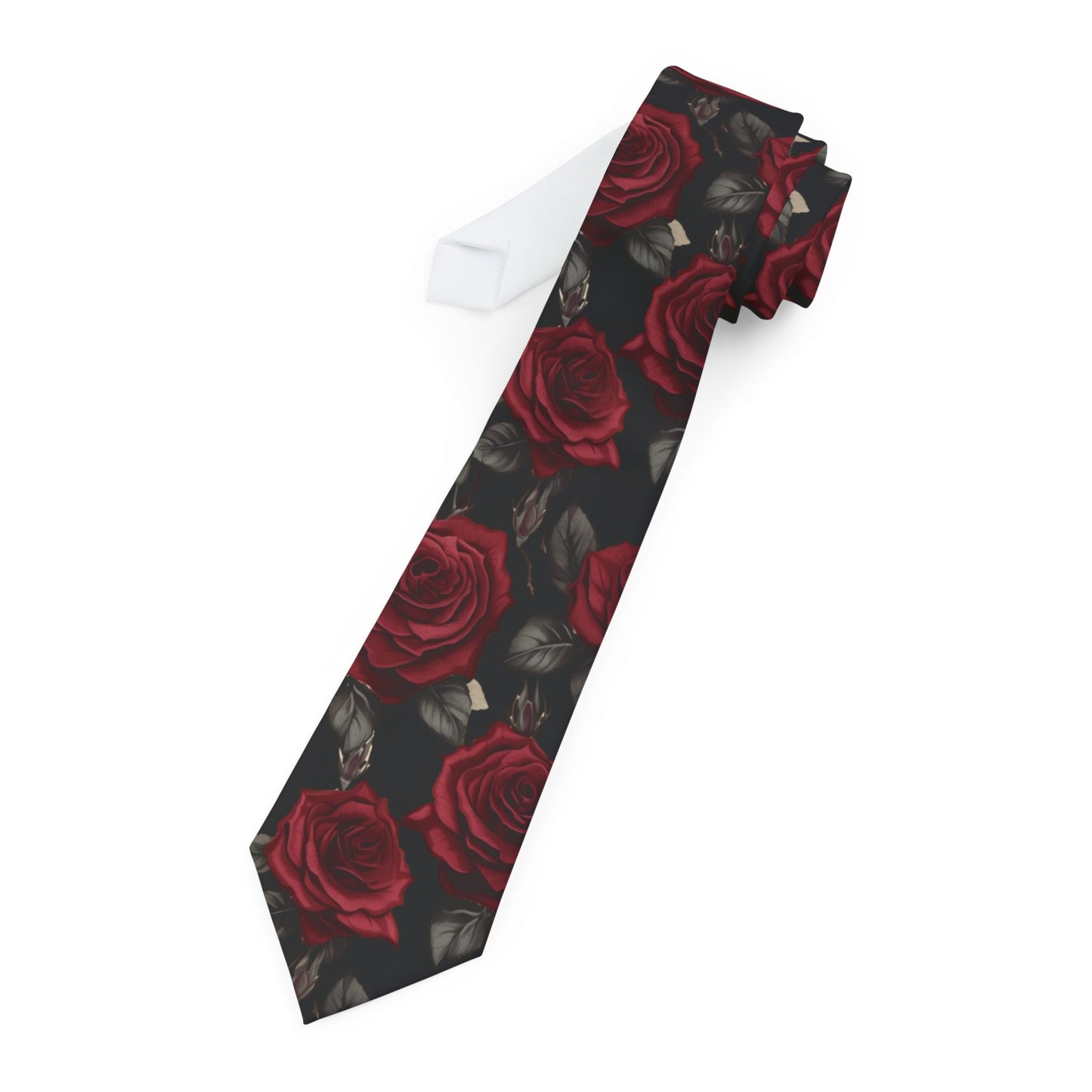 Red Rose Pattern Necktie — Elegant Dark Floral Tie for Weddings & Romantic Gifts