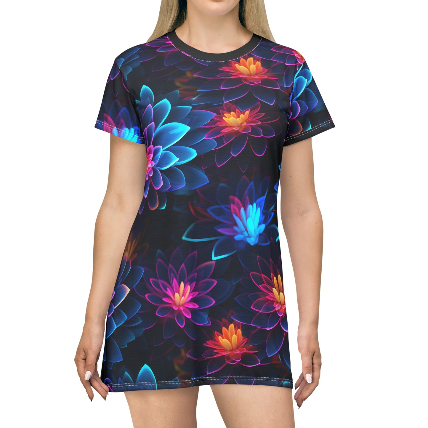 Whimsy Neon Blossom Festival T-Shirt Dress (AOP)