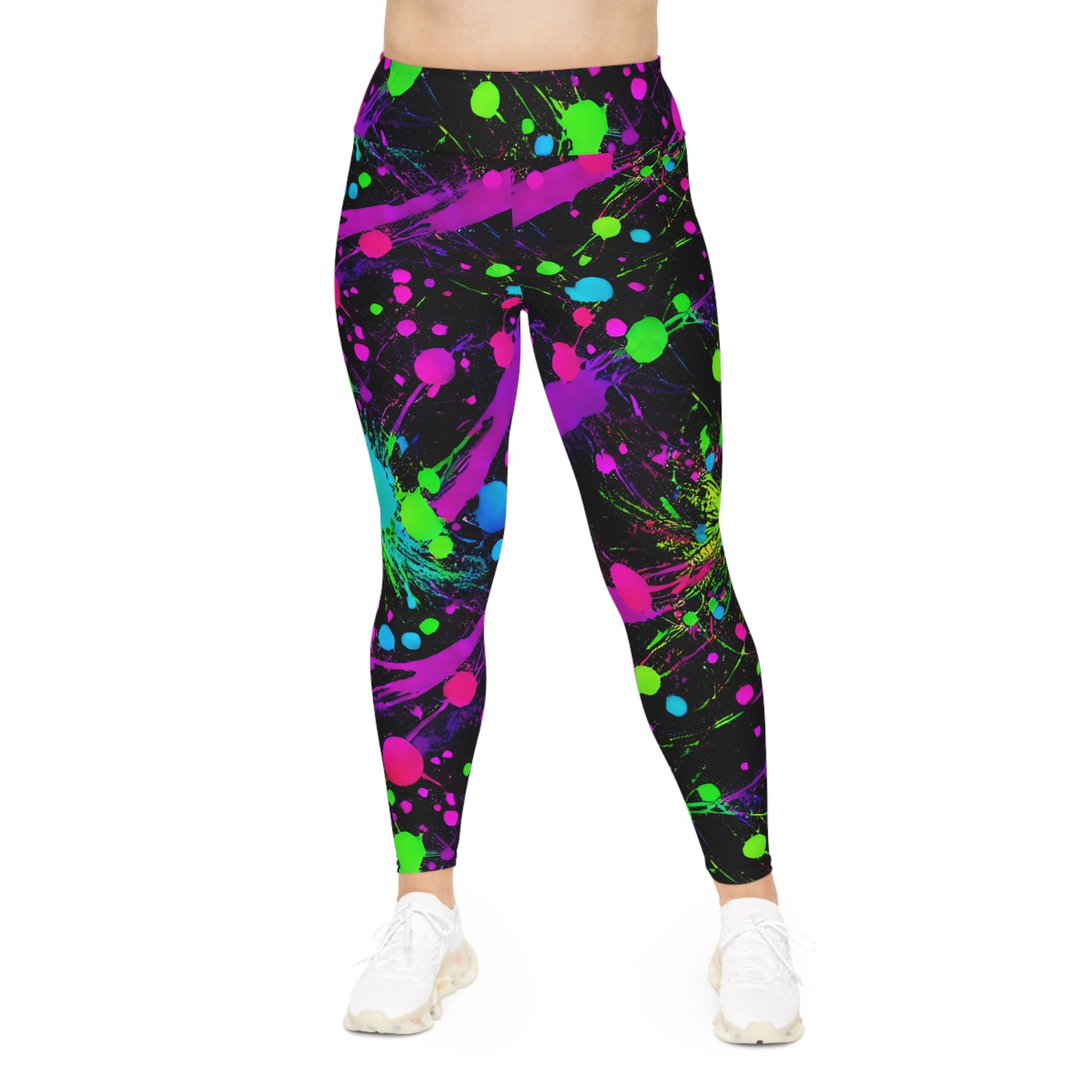 Plus Size Leggings with Green and Pink Paint Splatter (AOP) - Expressive Style for Every Body