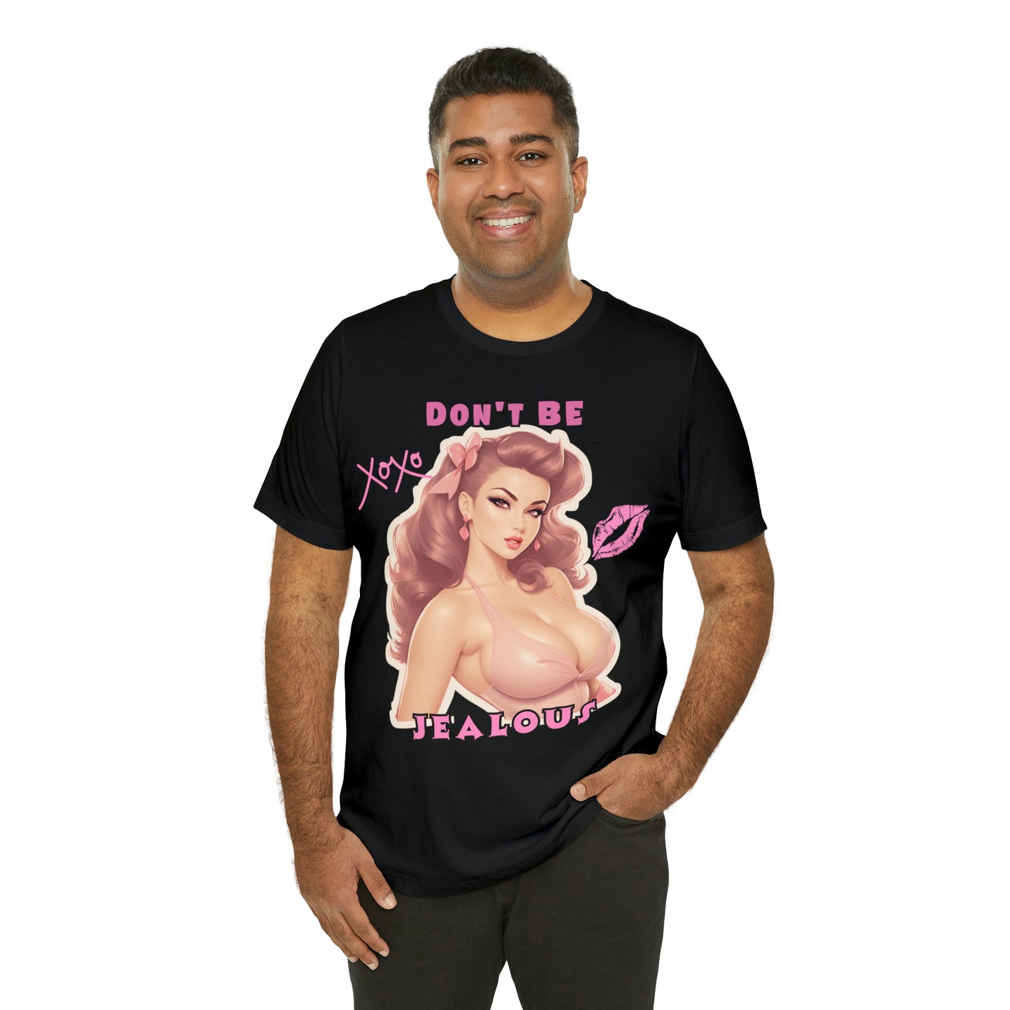 Timeless Elegance: Vintage Pink Pinup Girl "Don't Be Jealous" on a Bella+Canva 3001 Unisex Jersey T-Shirt - A Must-Have Gift for her