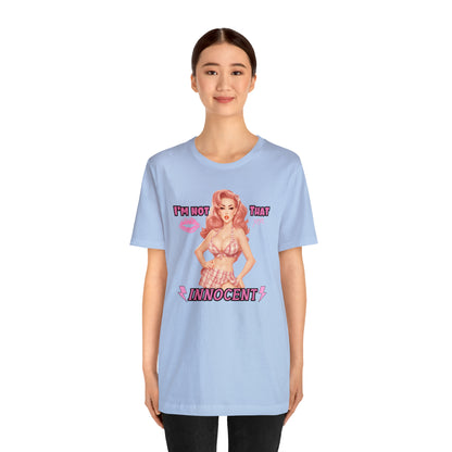 Timeless Elegance: Vintage Pink Pinup Girl "I'm not that Innocent on a Bella+Canva 3001 Unisex Jersey T-Shirt - A Must-Have Gift for her