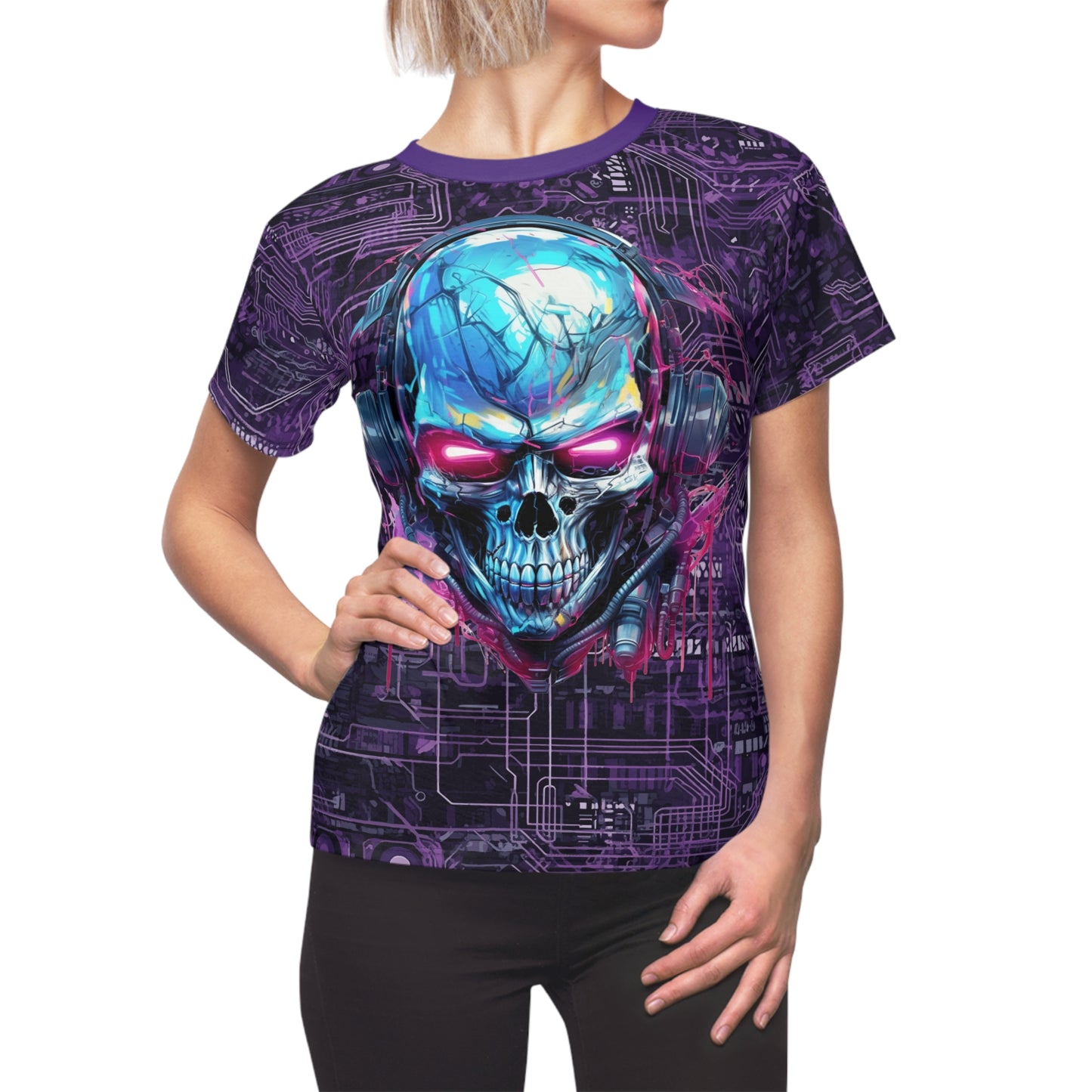 CyberPunk Cybernetic Skull breaking through a Purple Neon Circuit Board Women's Cut & Sew Tee (AOP)