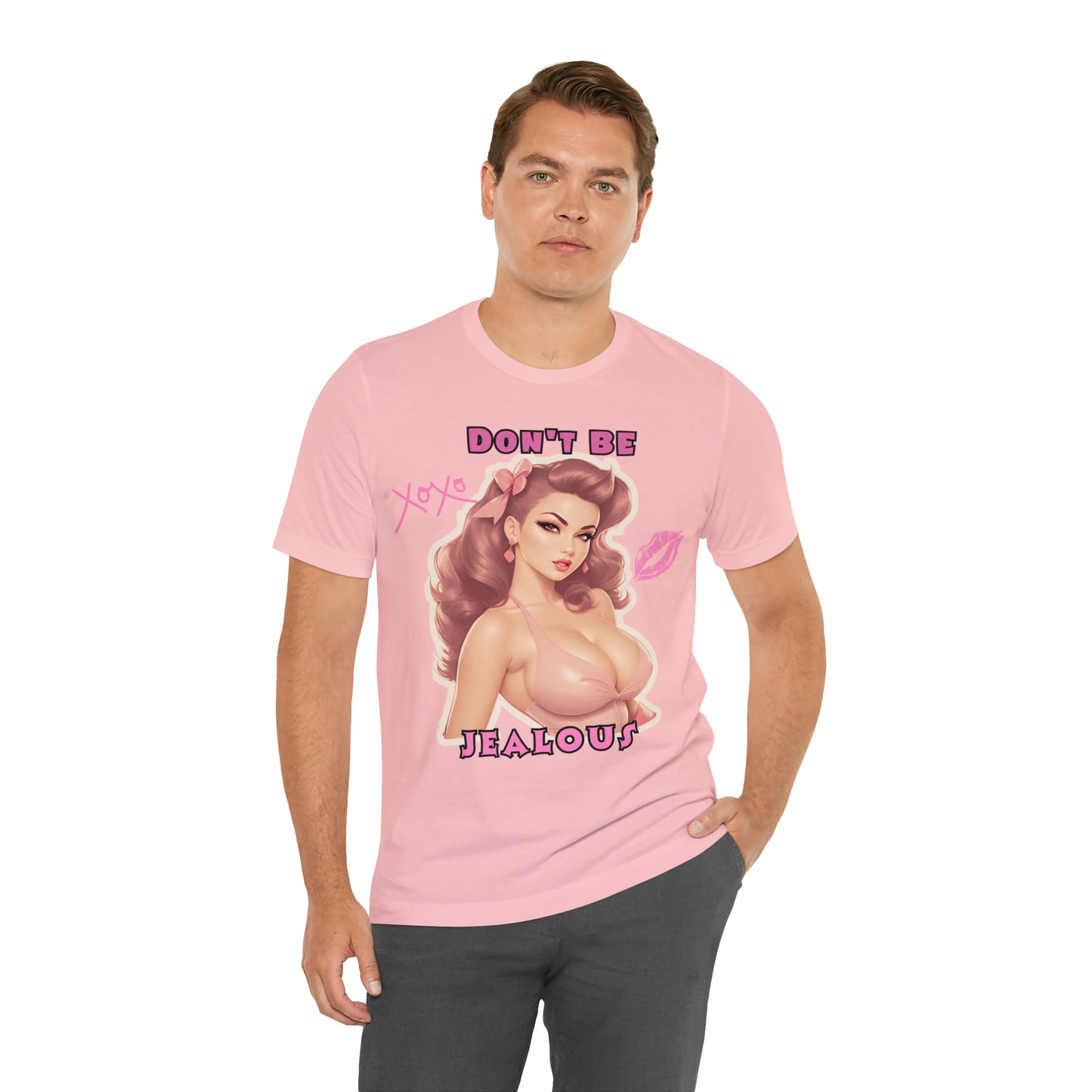 Timeless Elegance: Vintage Pink Pinup Girl "Don't Be Jealous" on a Bella+Canva 3001 Unisex Jersey T-Shirt - A Must-Have Gift for her