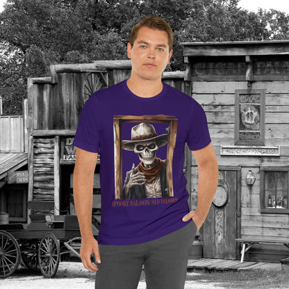 Spooky Saloon Showdown Gunslinging Skeleton Cowboy Halloween Unisex Jersey Short Sleeve Tee