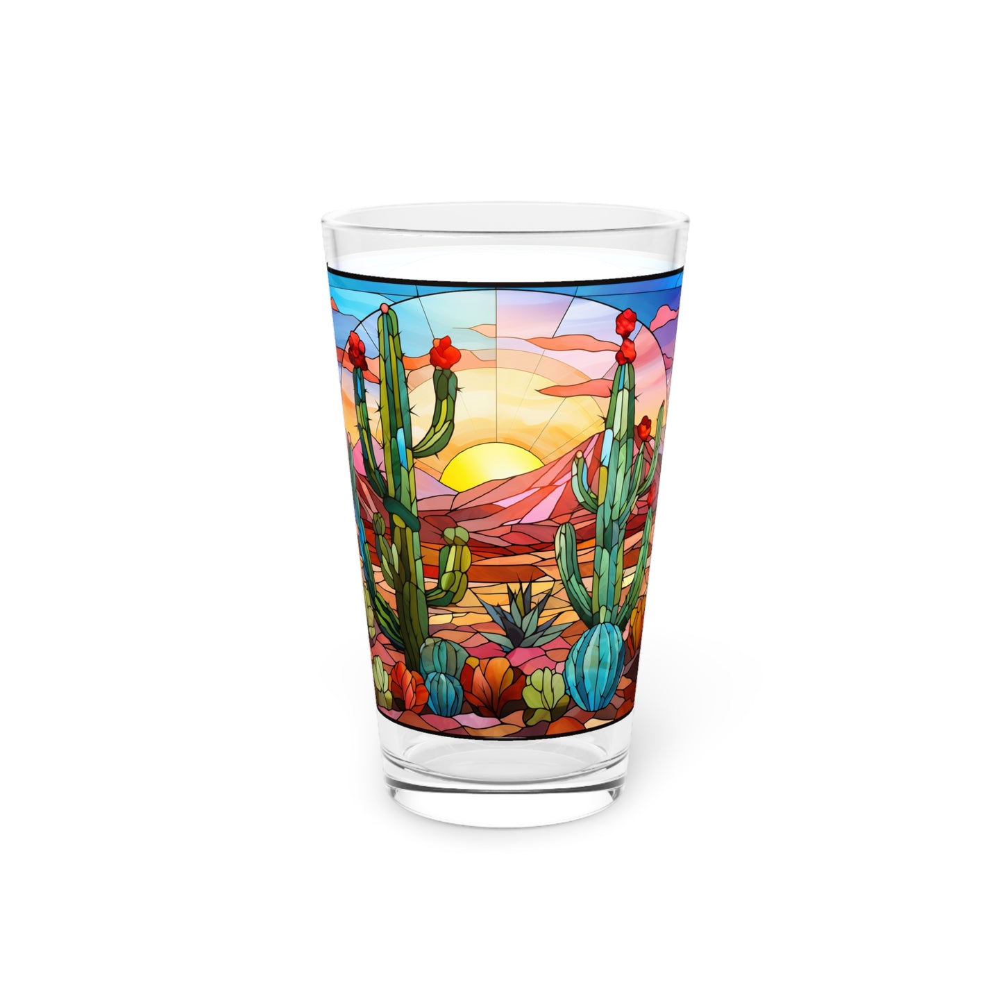 Desert with a Cactus Bloom: A Stained Glass Tribute to Cacti 16oz Pint Glass Gift idea gifts for home decor housewarming gift