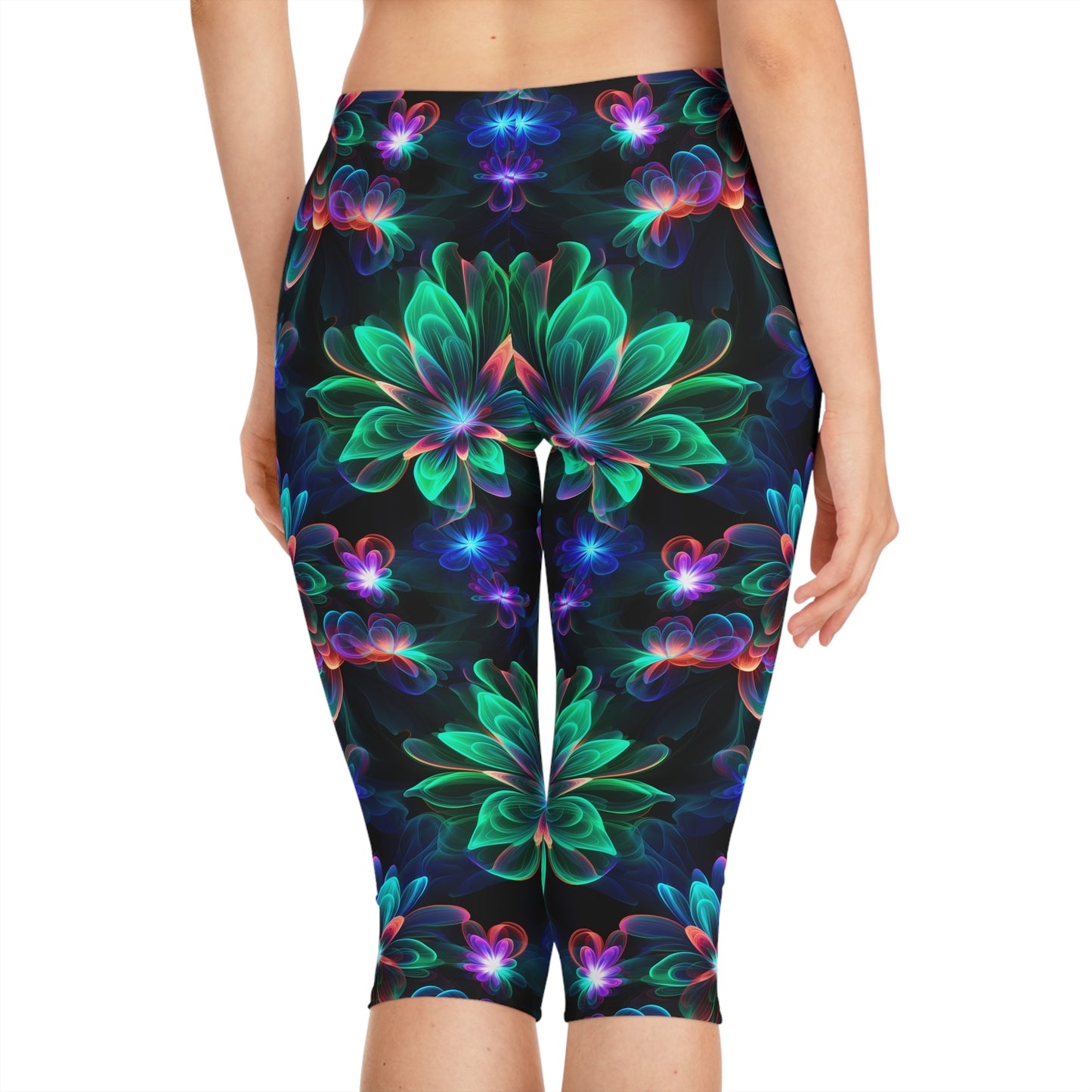 Women's Capri Leggings with Green Neon Flower Pattern - AOP Fitness & Yoga Leggings