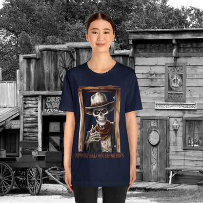Spooky Saloon Showdown Gunslinging Skeleton Cowboy Halloween Unisex Jersey Short Sleeve Tee
