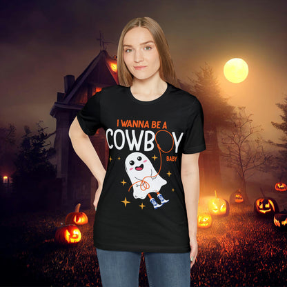 Little Ghost Saying I wanna be a cowboy baby Retro Groovy Western Halloween Unisex Jersey Short Sleeve Tee Gifts for Him Gifts for her.