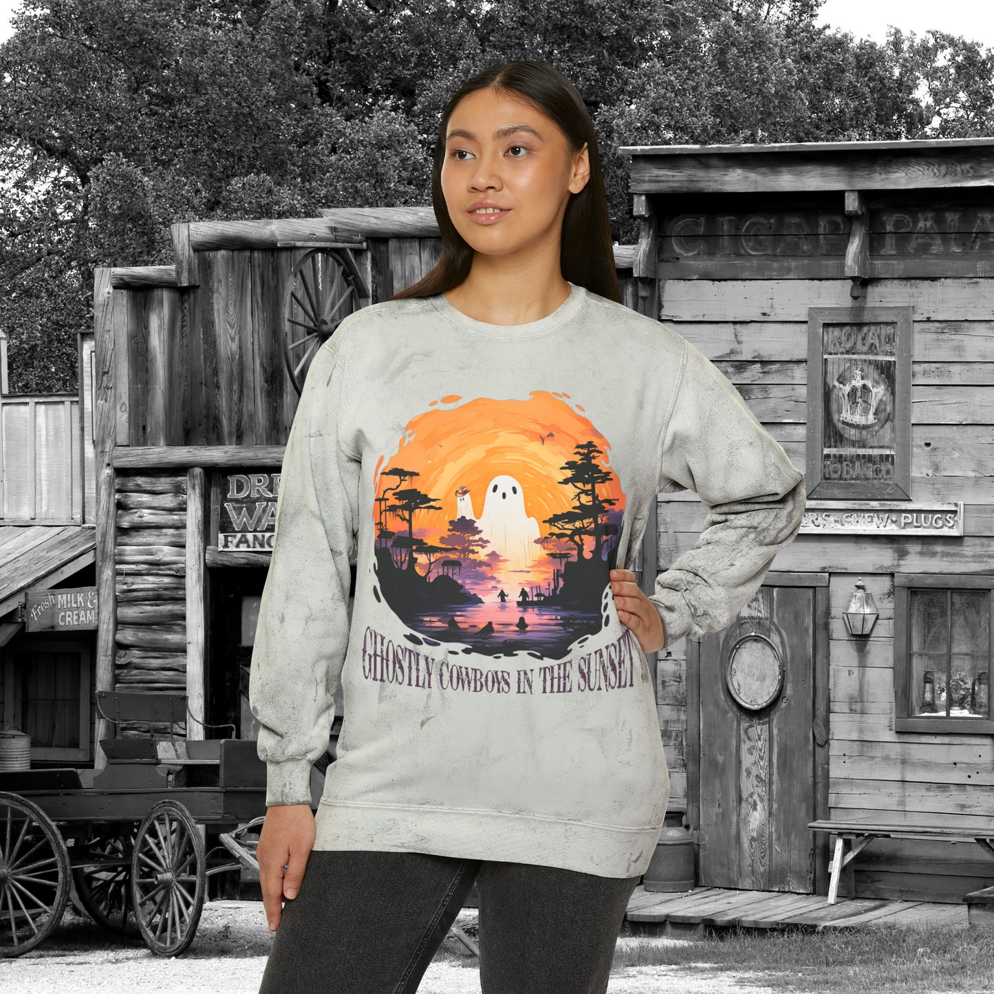 Ghostly Cowboys In the Sunset Western Halloween Unisex Color Blast Crewneck Sweatshirt Gifts for Her Gifts for Him