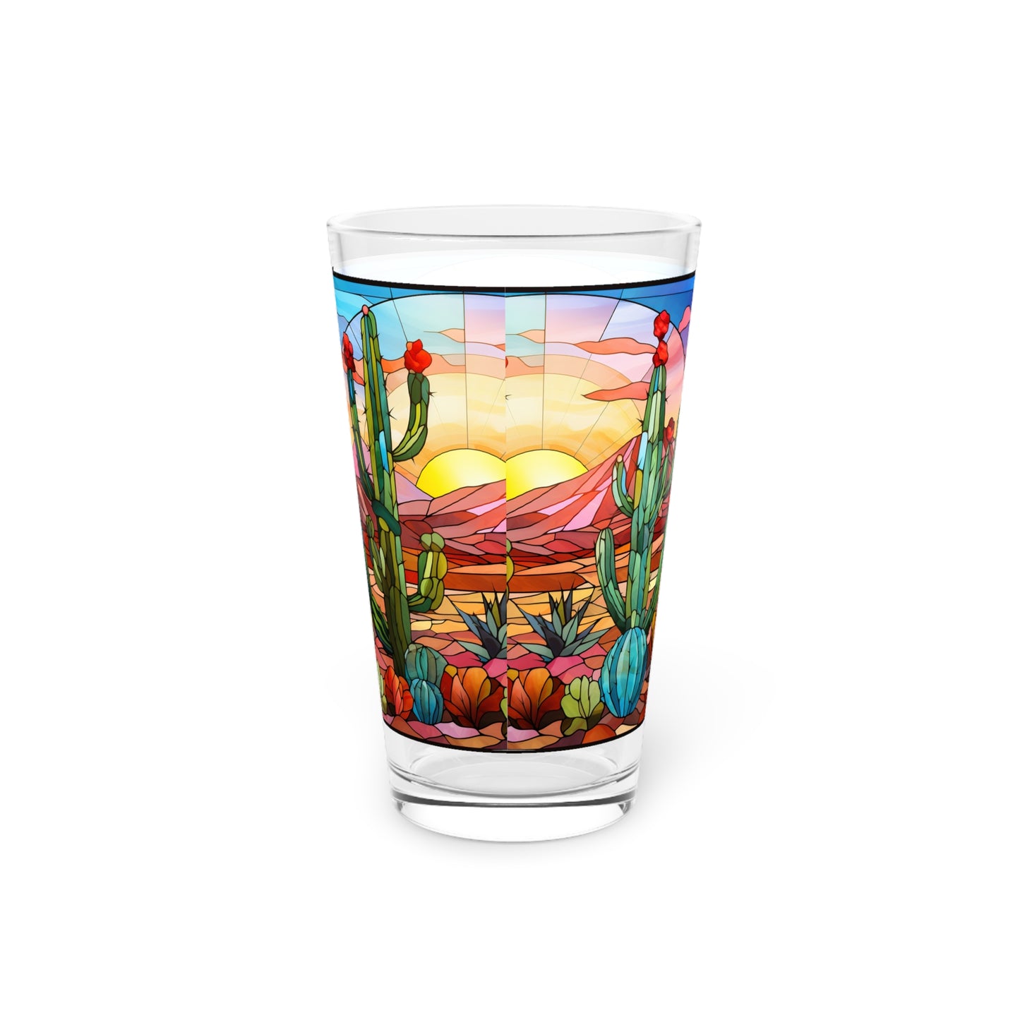 Desert with a Cactus Bloom: A Stained Glass Tribute to Cacti 16oz Pint Glass Gift idea gifts for home decor housewarming gift