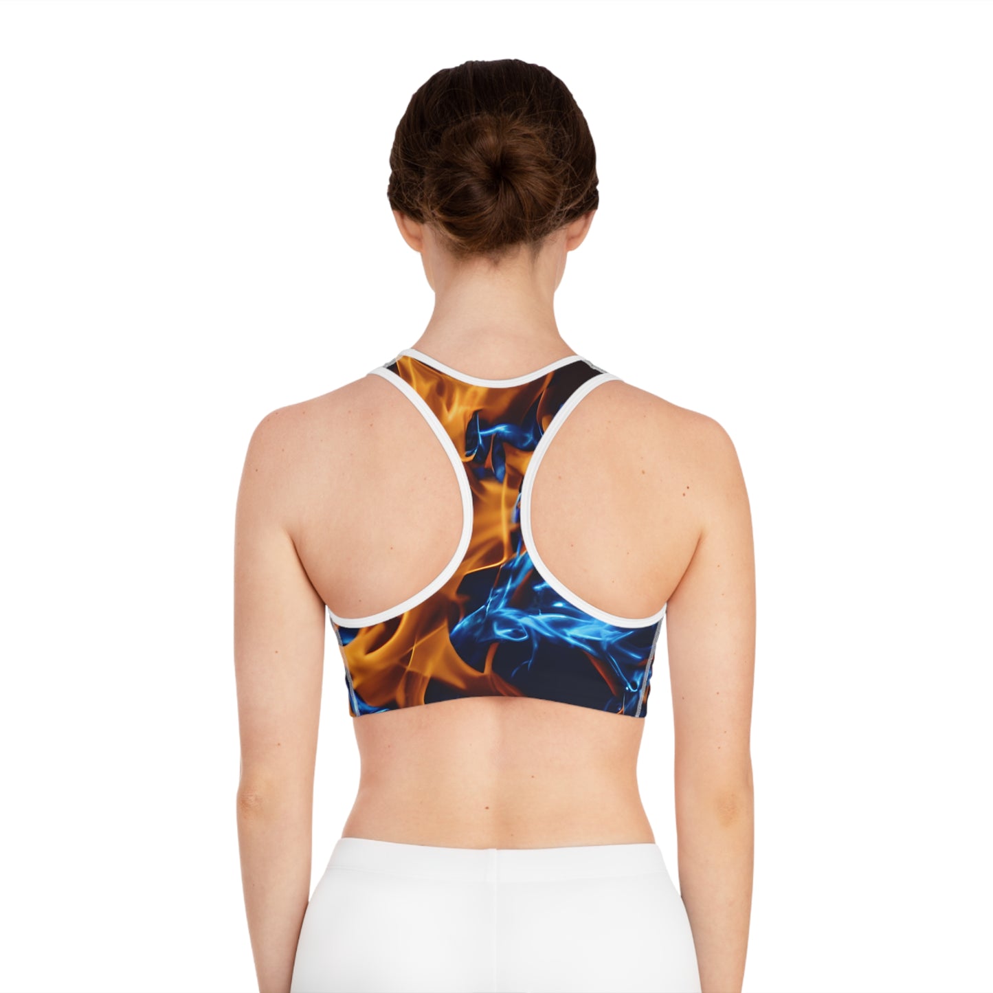 Blue and Orange Flame All Over Print (AOP) Sports Bra - Ignite Your Workout Style