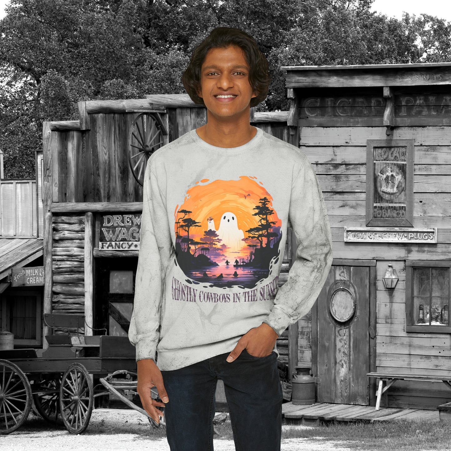 Ghostly Cowboys In the Sunset Western Halloween Unisex Color Blast Crewneck Sweatshirt Gifts for Her Gifts for Him