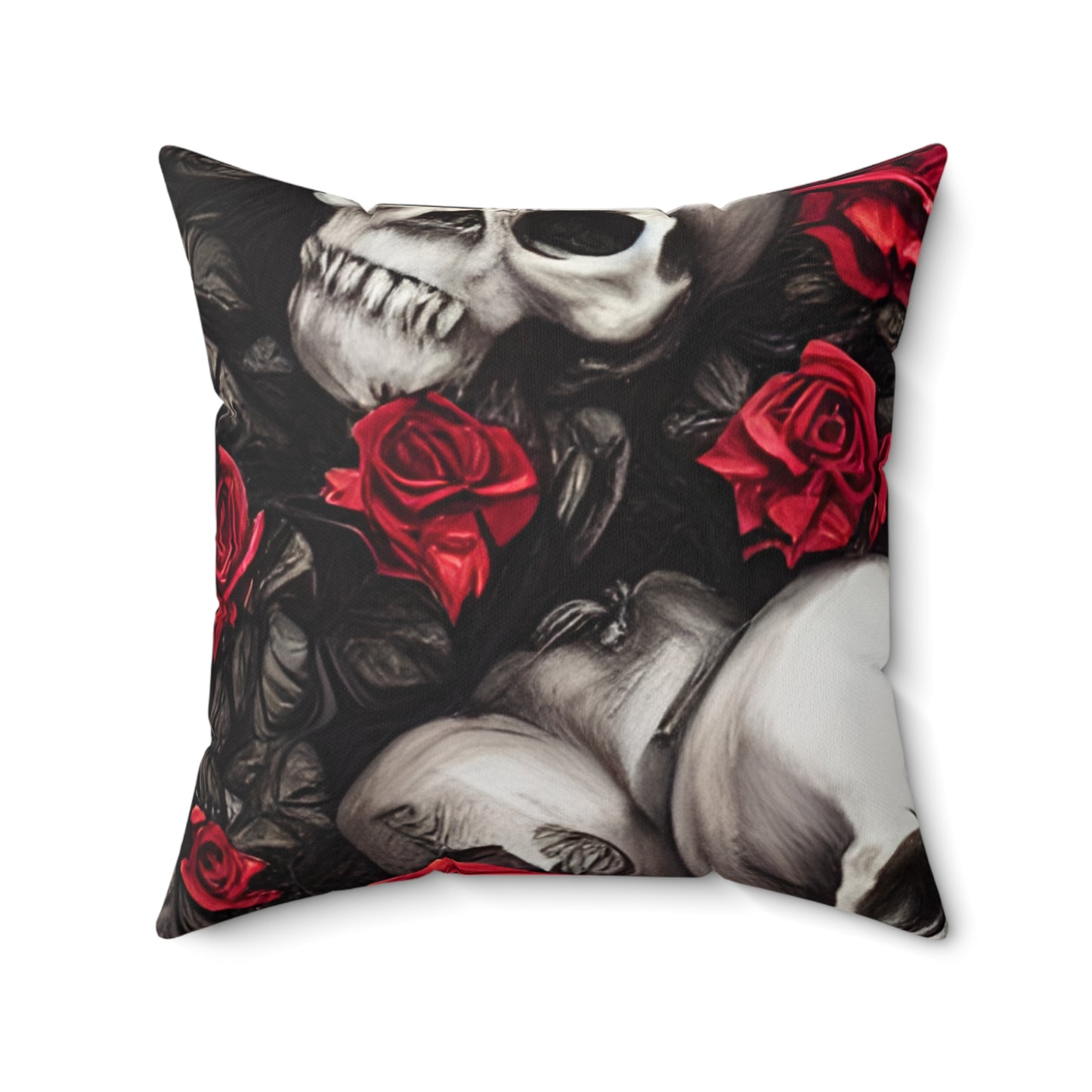 Hyper Realistic Skulls and Red Roses by artist Anne-Laure Goupil Spun Polyester Square Pillow