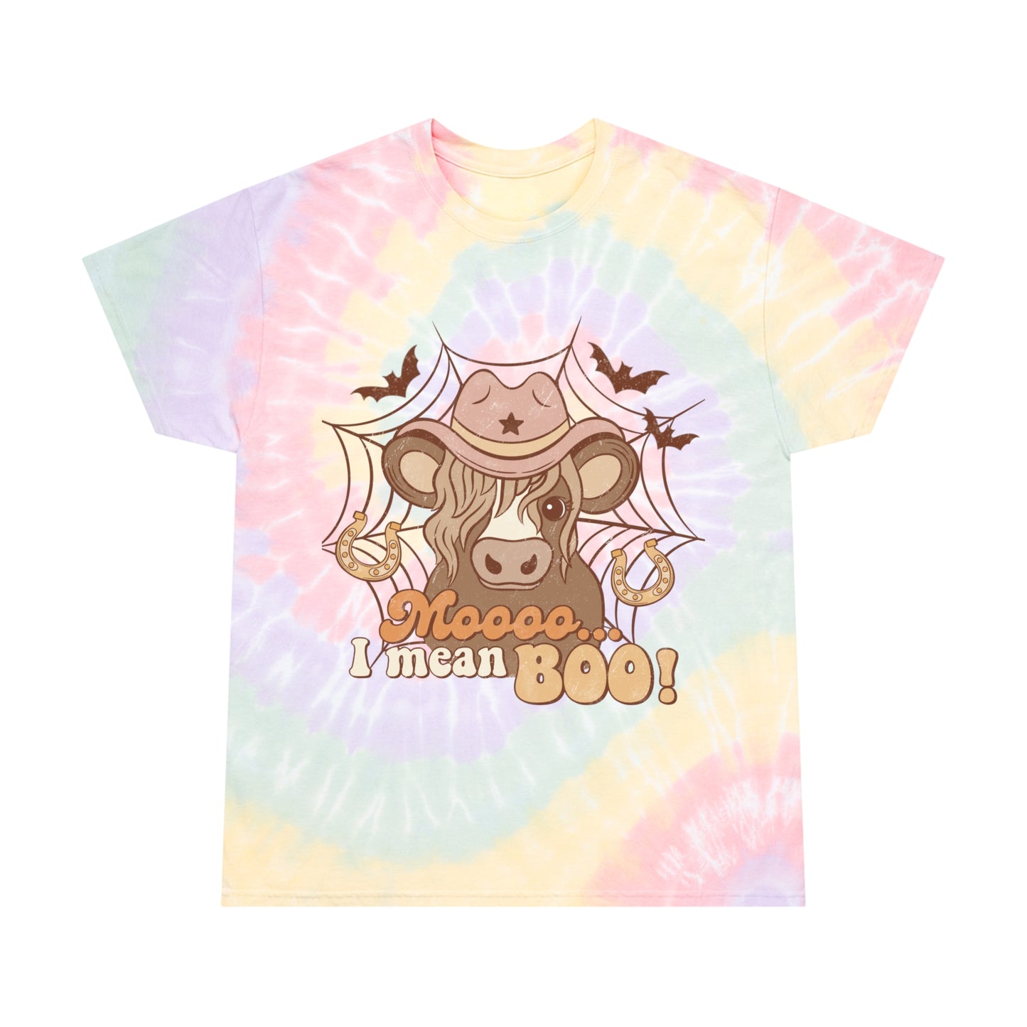 Cow saying moooo I mean boo Western Halloween Retro Tie-Dye Tee, Spiral Gifts for her Gifts for him