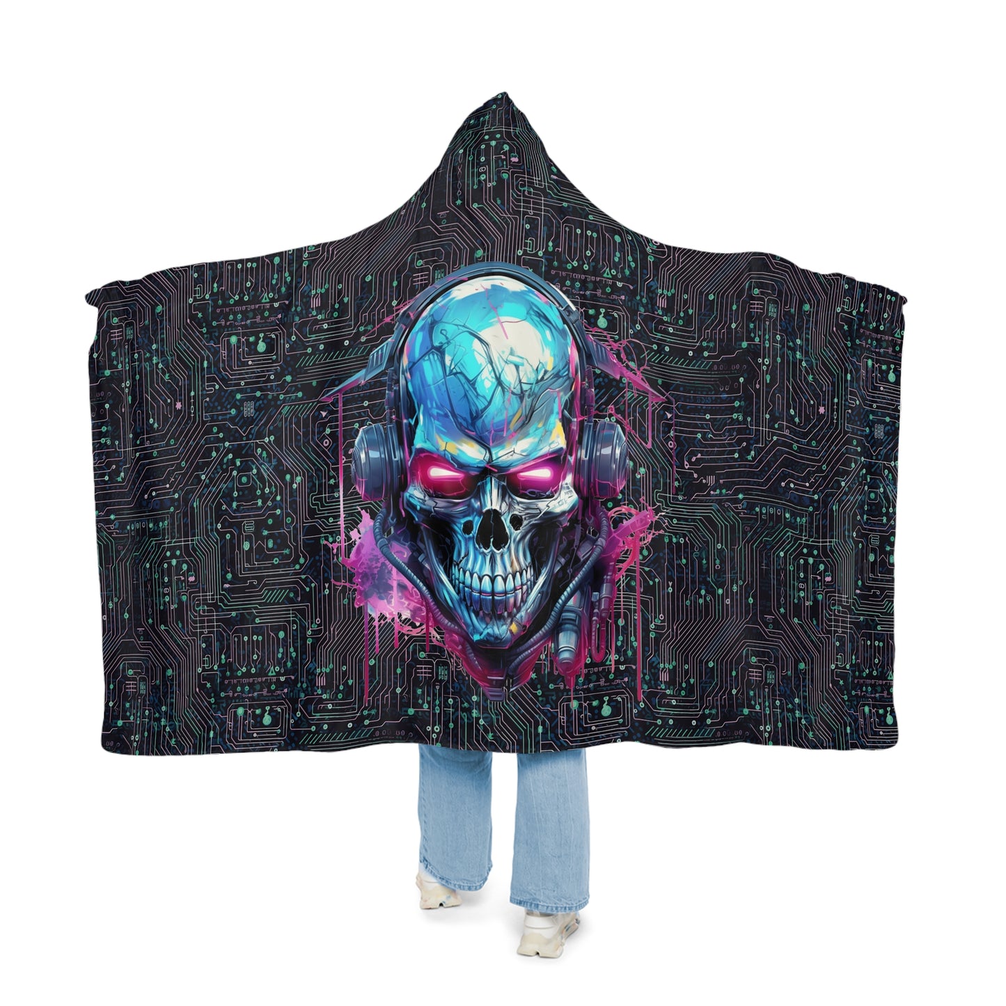 Cyberpunk Skull Vibes: AOP Snuggle Blanket with Neon Circuit Board 🤖💀