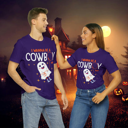 Little Ghost Saying I wanna be a cowboy baby Retro Groovy Western Halloween Unisex Jersey Short Sleeve Tee Gifts for Him Gifts for her.