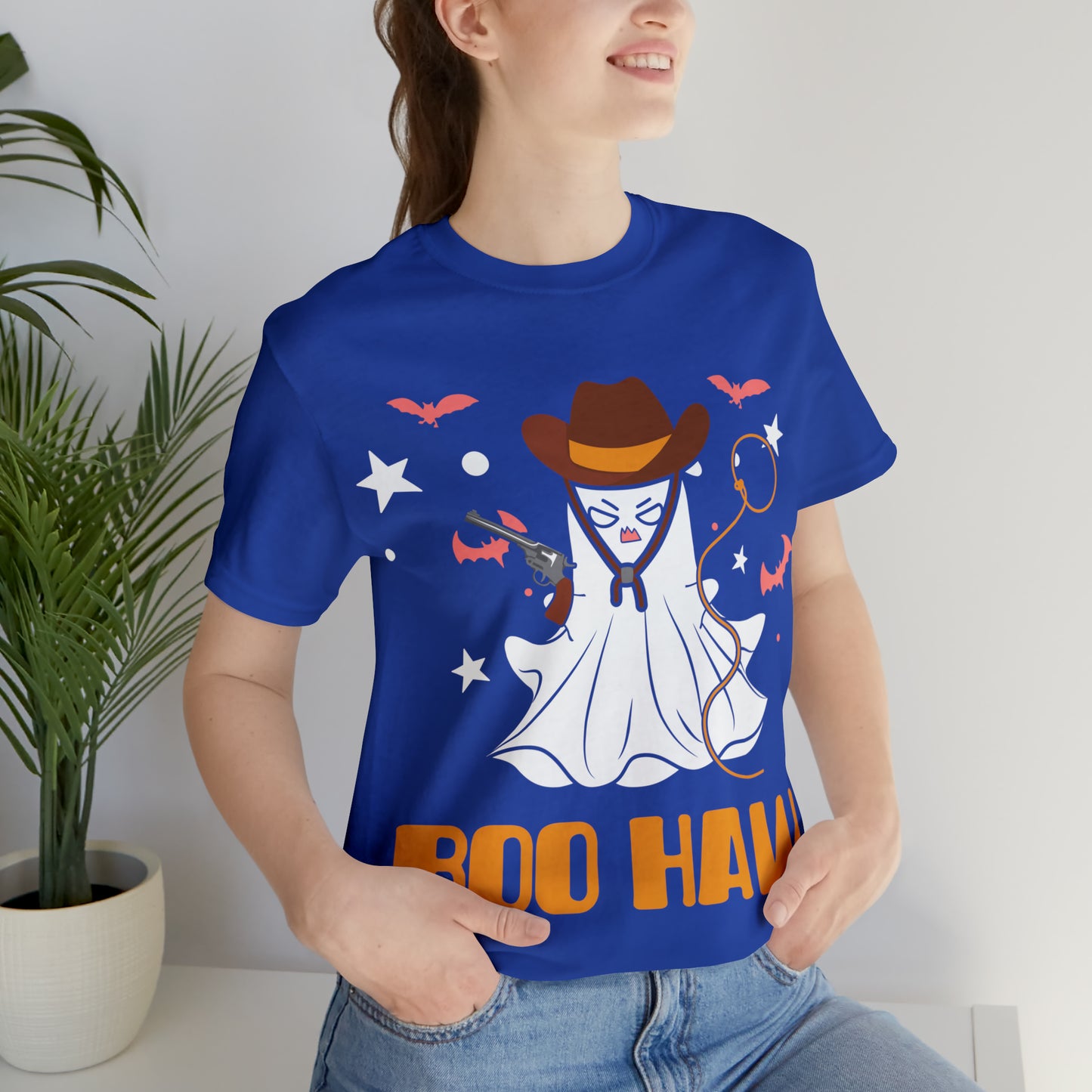 Ghost Cowboy Gunslinger saying Boo Haw Retro Western Halloween Unisex Jersey Short Sleeve Tee Gifts for Her Gifts for Him