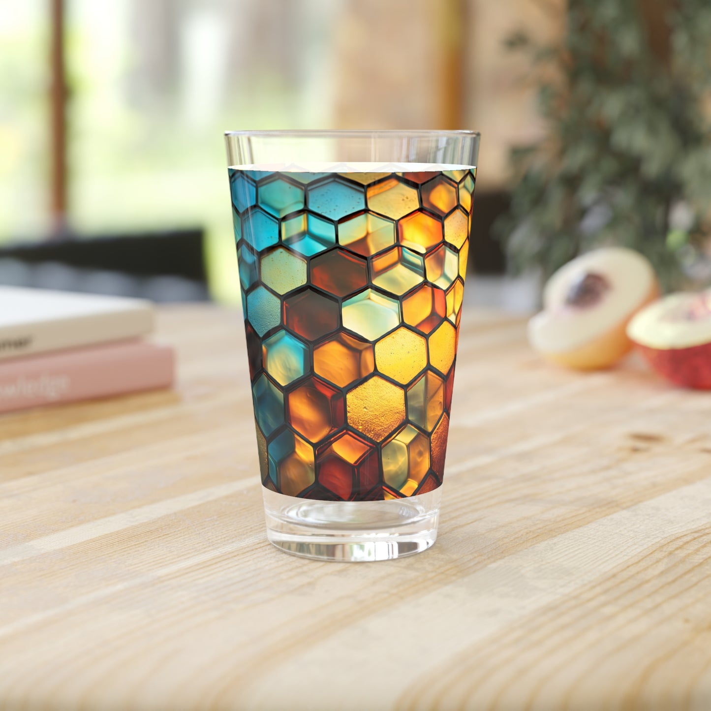 "Buzzing Beauty: A Blue and Yellow Honeycomb Stained Glass Artwork on a 16oz Pint Glass Gift idea gifts for home decor housewarming gift