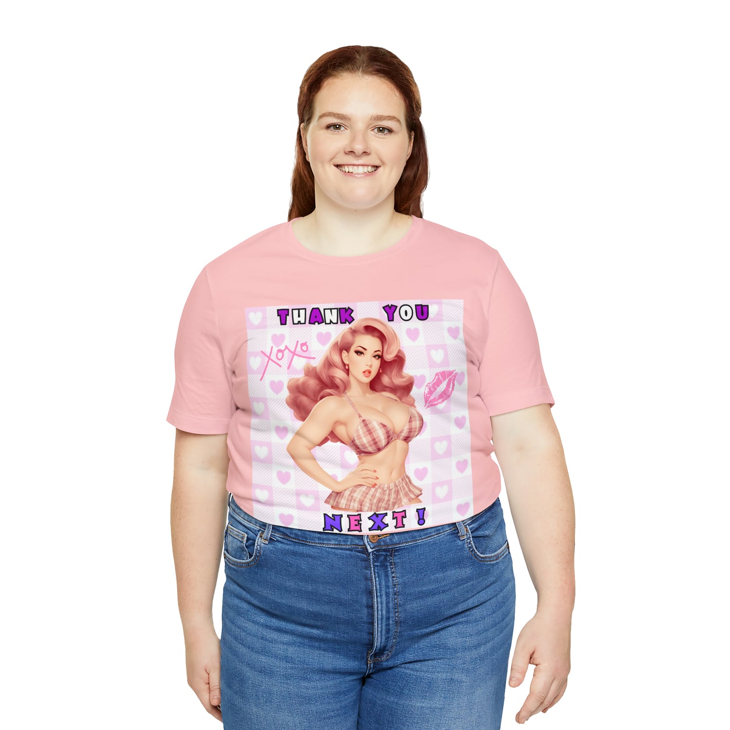 Timeless Elegance: Vintage Pink Pinup Girl "Thank You Next" on a Bella+Canva 3001 Unisex Jersey T-Shirt - A Must-Have Gift for her