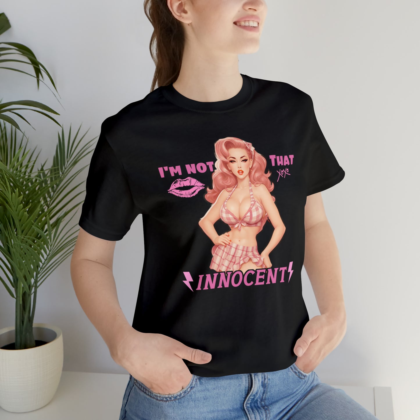 Timeless Elegance: Vintage Pink Pinup Girl "I'm not that Innocent on a Bella+Canva 3001 Unisex Jersey T-Shirt - A Must-Have Gift for her