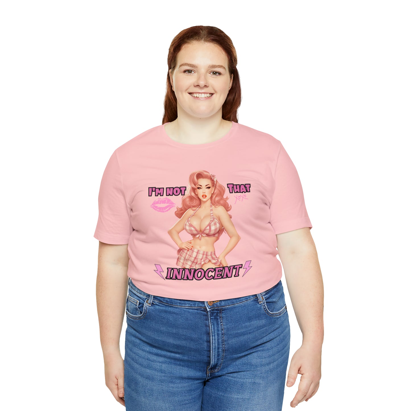 Timeless Elegance: Vintage Pink Pinup Girl "I'm not that Innocent on a Bella+Canva 3001 Unisex Jersey T-Shirt - A Must-Have Gift for her