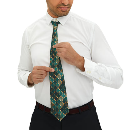 "Geometric Elegance Necktie - Timeless Style with Teal, Green & Gold Sophistication