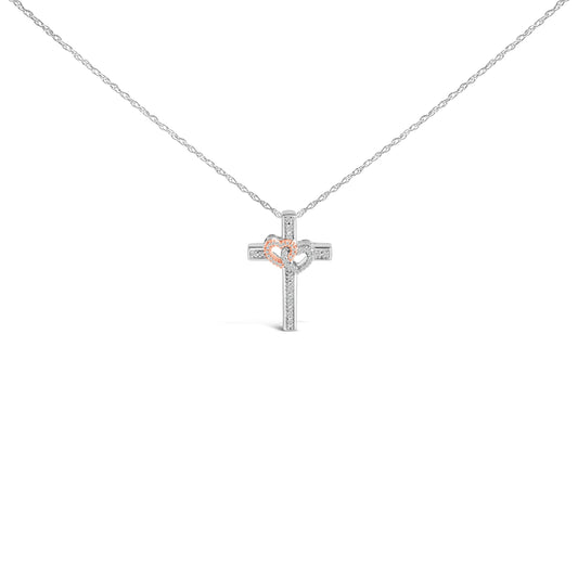 14K Rose Gold Plated Sterling Silver 1/10 Cttw Diamond Cross & Heart Pendant Necklace