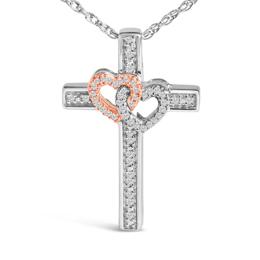 14K Rose Gold Plated Sterling Silver 1/10 Cttw Diamond Cross & Heart Pendant Necklace