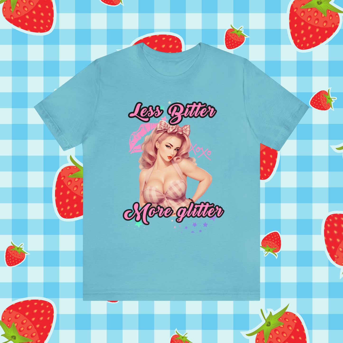 Vintage Pink Pinup Girl "Less Bitter More Glitter" on a Bella+Canva 3001 Unisex Jersey T-Shirt - A Must-Have Gift for her