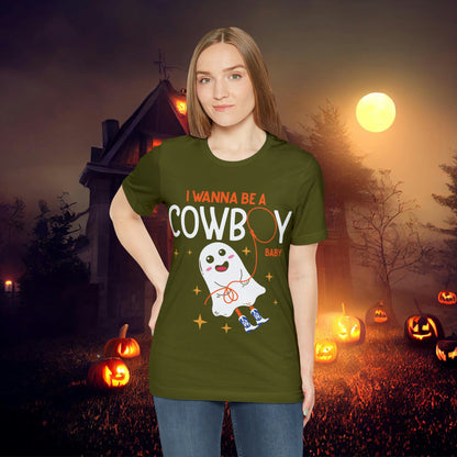 Little Ghost Saying I wanna be a cowboy baby Retro Groovy Western Halloween Unisex Jersey Short Sleeve Tee Gifts for Him Gifts for her.