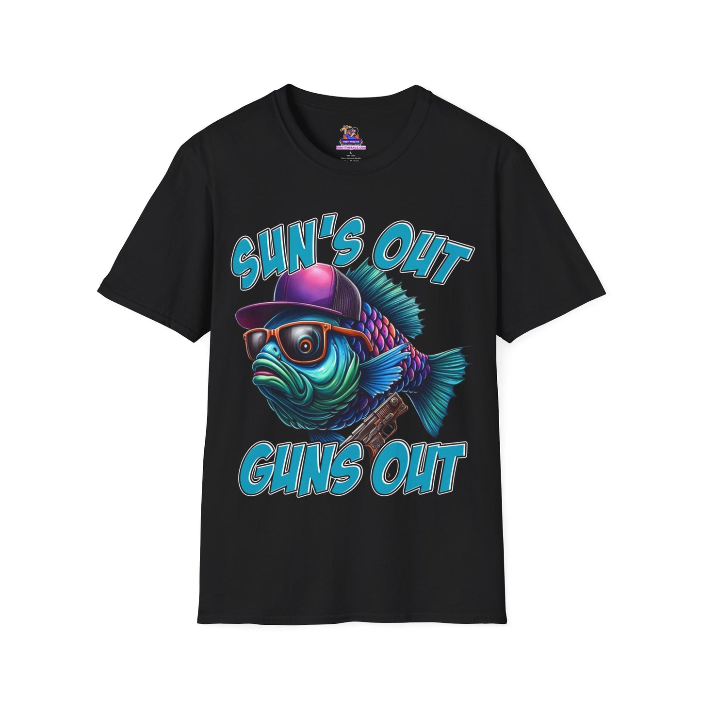 Sun's Out Guns Out Unisex Softstyle T-Shirt Fishing humor, Fisherman Gift Pun T-Shirt Funny Fish Tee Fishy Vibes Unique Unisex Tee