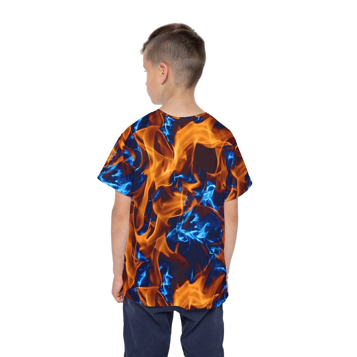 Blaze a Trail: All Over Print Kid Sport Jersey with Blue and Orange Flames