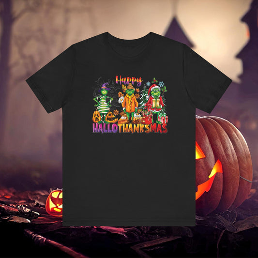 Celebrate All the Holidays with the Grinch’s Happy Hallothanksmas Tee Unisex Jersey Short Sleeve Tee