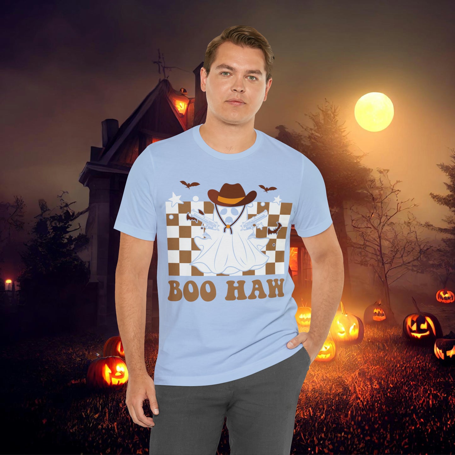 Cowboy Gunslinging Ghost saying Boo Haw Retro Western Halloween Unisex Jersey Short Sleeve Tee Gifts for Him Gifts for Her