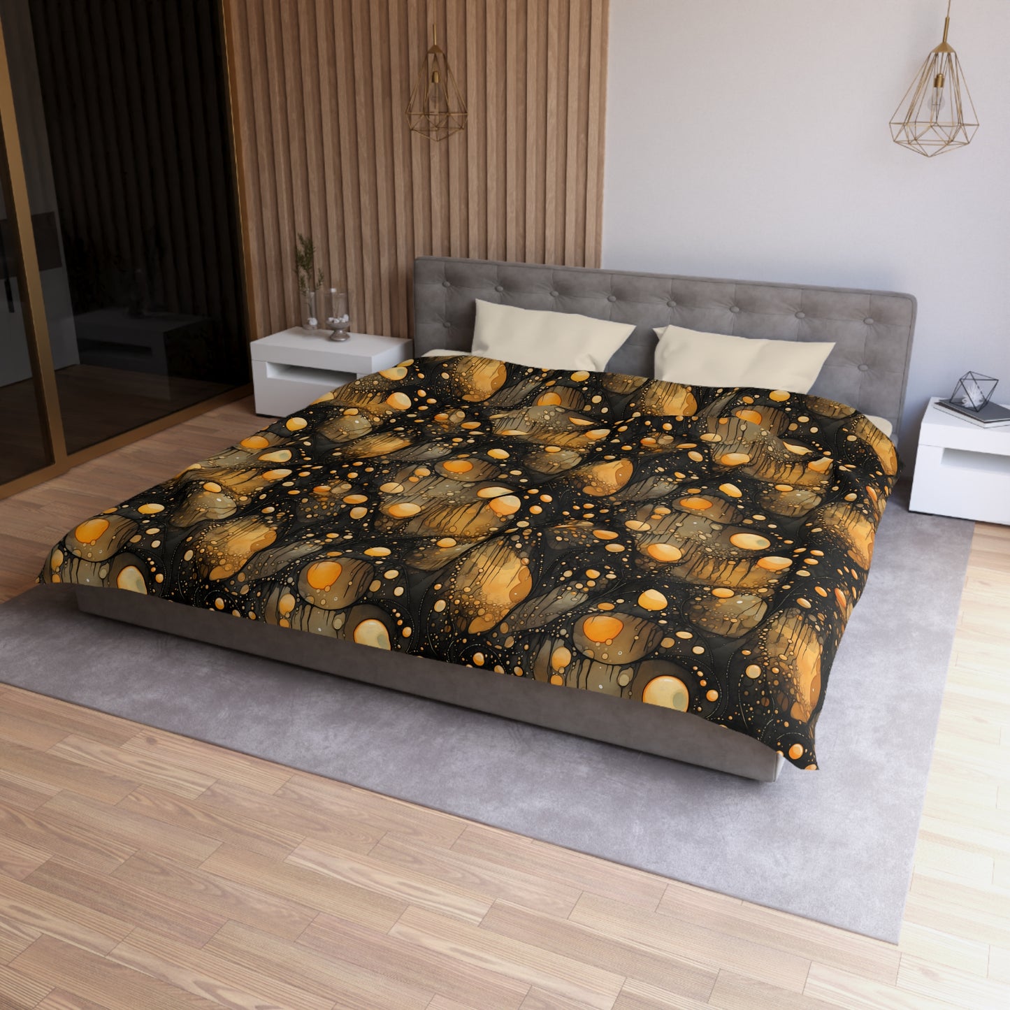 Halloween Yellow Orange Floating Blobs and Dark Microfiber Duvet Cover